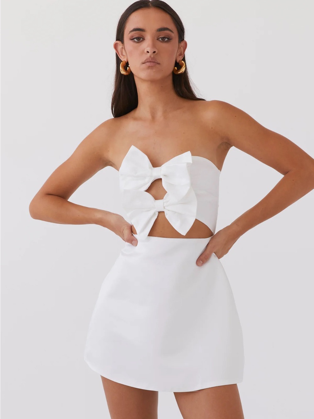 Peppermayo Strapless White Satin Mini Dress with Bow Cutout NWT